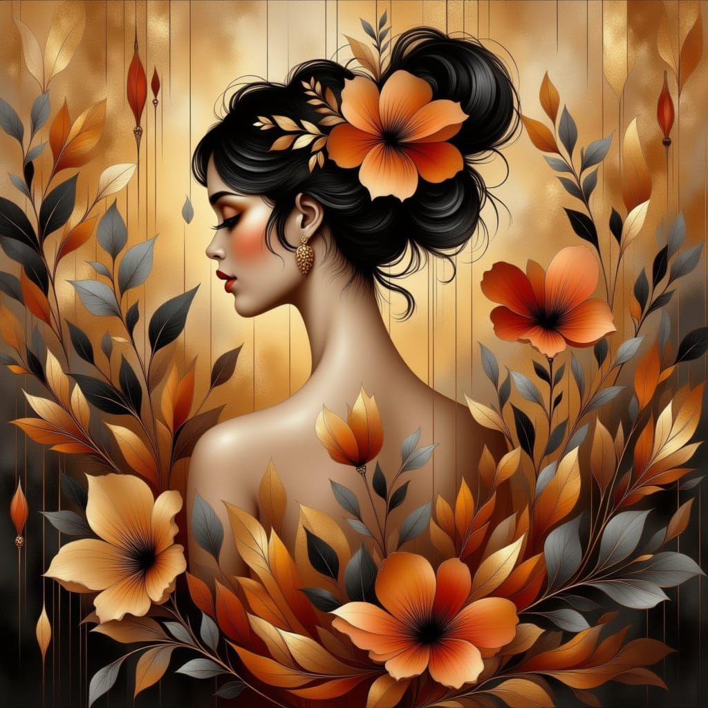 <lora:Abstract Romanticism:1.0> burnt sienna, gold, grey black, abstract romanticism art deco florals