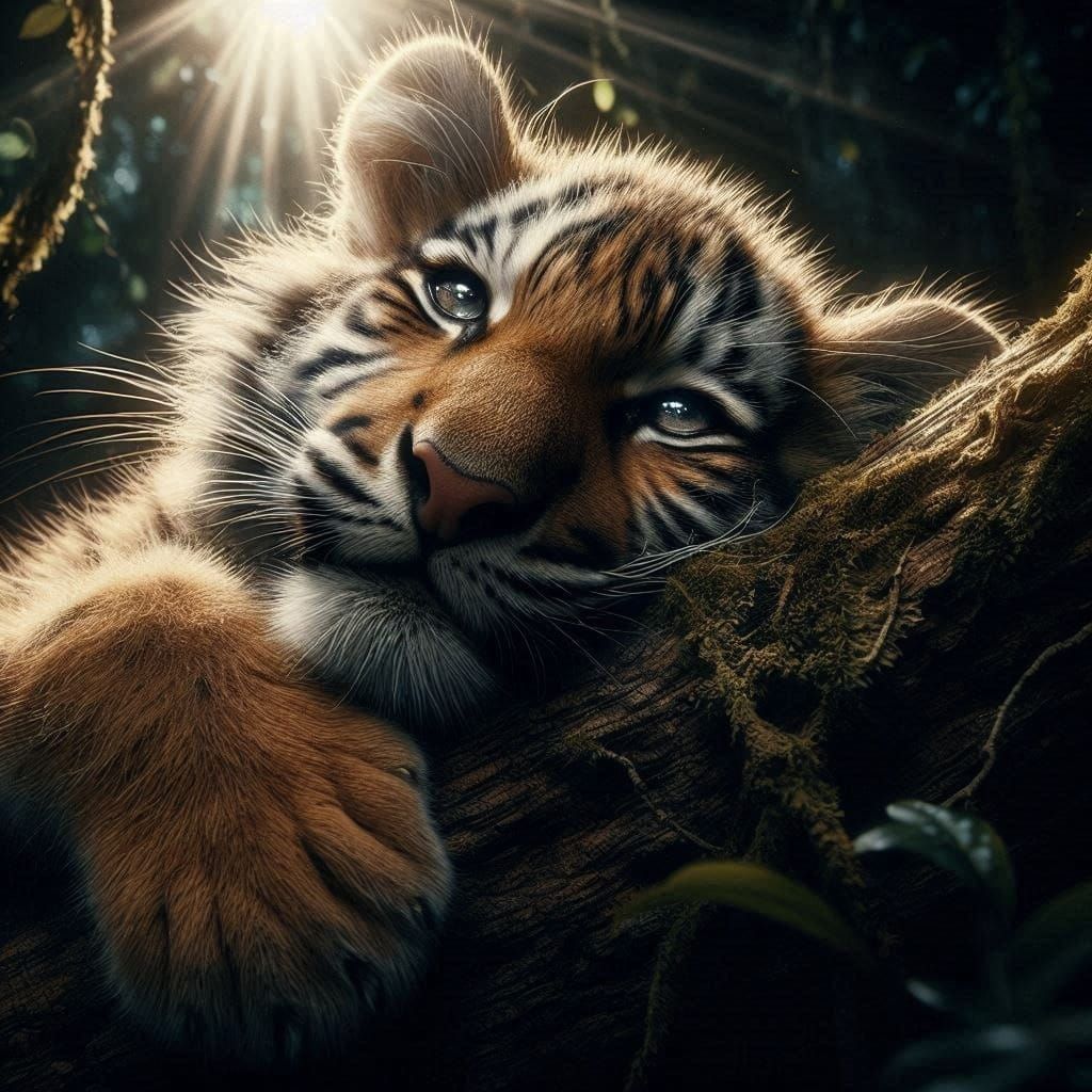 Extremely detailed cinematic film still photography of a tiger cub sleeping in a jungle tree. detailed fur: sunbeam. looking into camera. de...