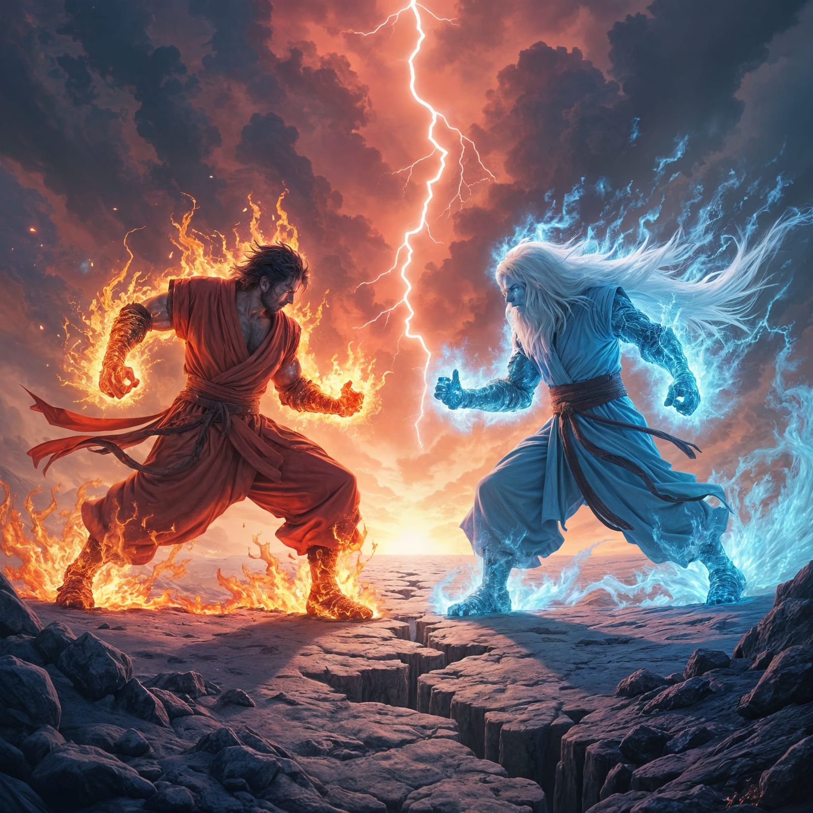 A vast, storm-ravaged battleground stretches beneath a tumultuous sky crackling with crimson lightning, ...  by @JupsoGrevin