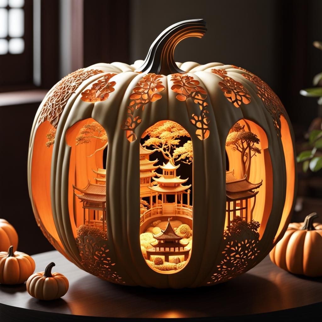 miniature Japanese garden inside a pumpkin  by @Harmanna