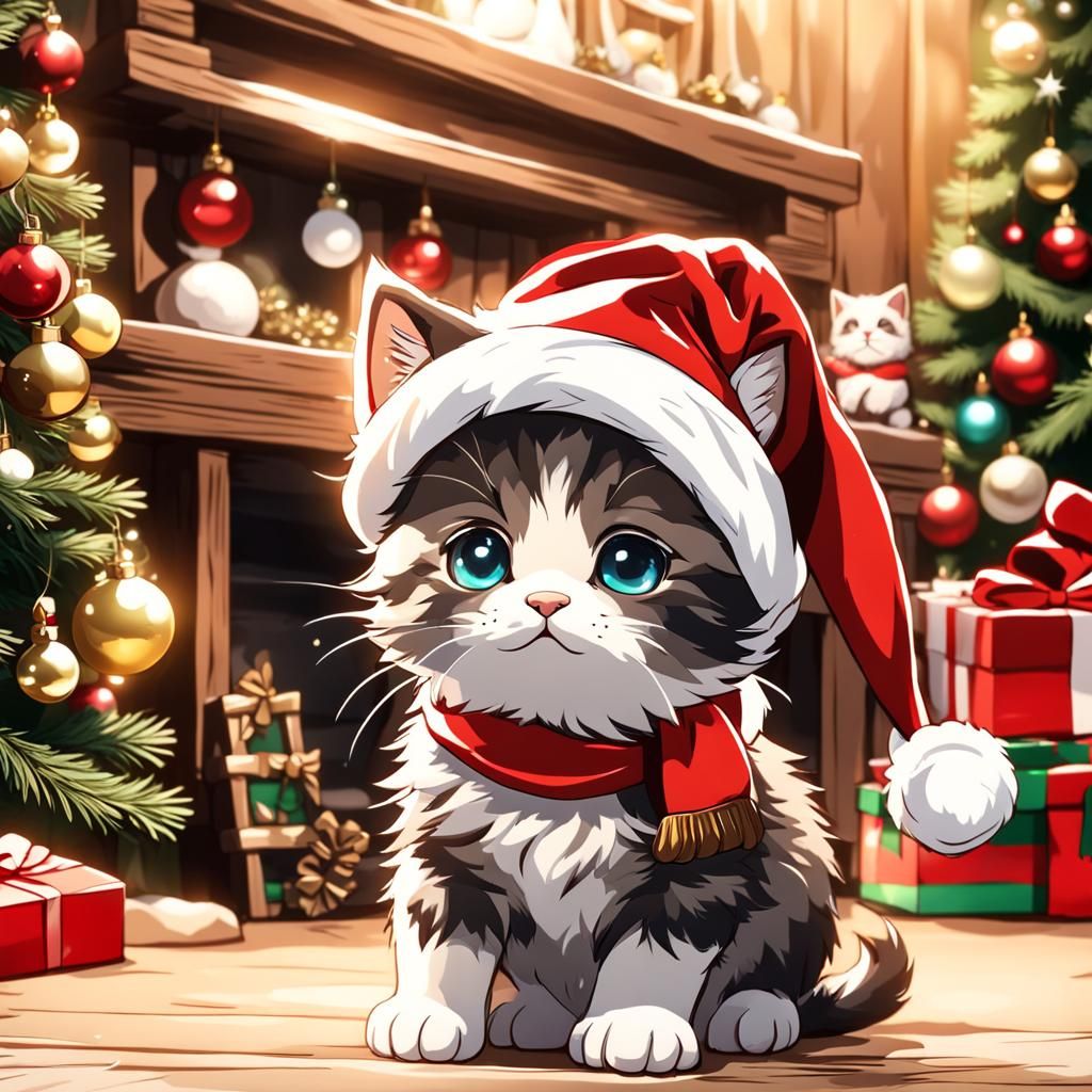 A cute kitten, with a Santa Claus hat