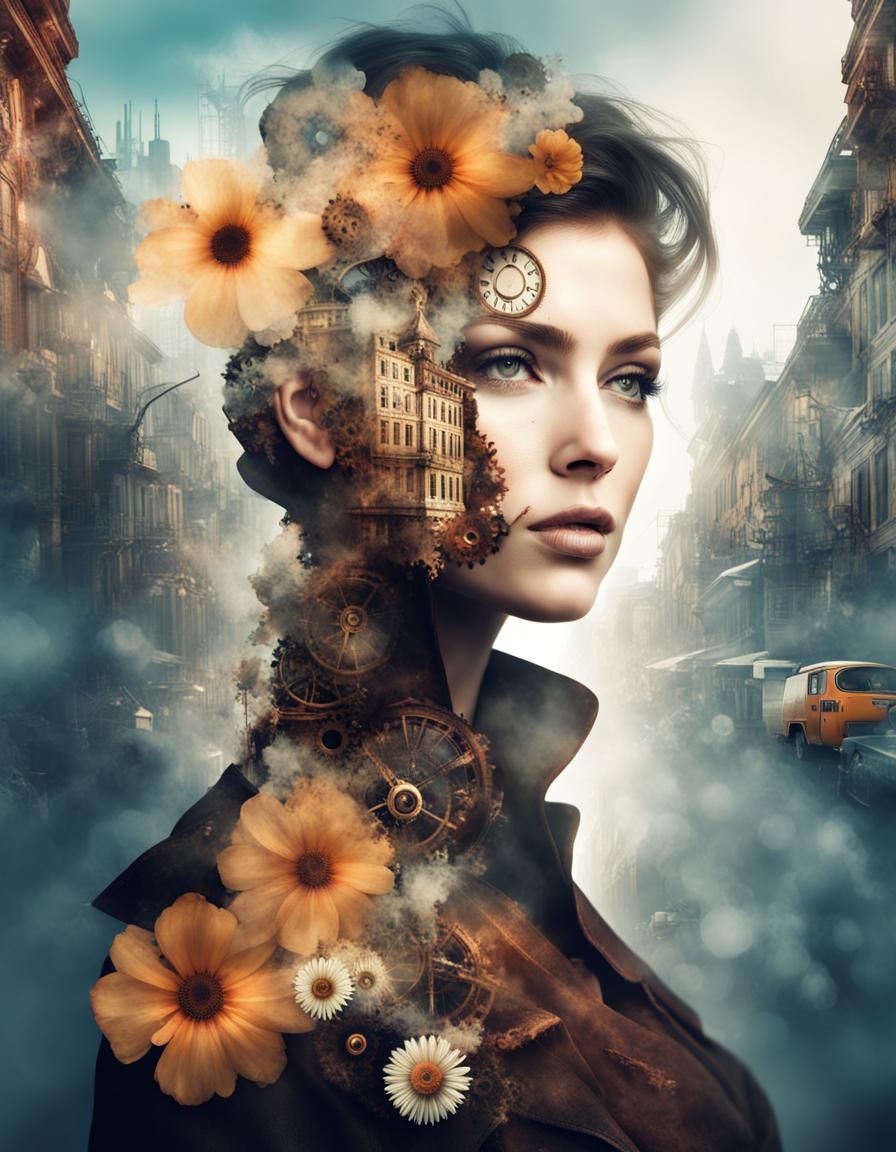 Double exposure female face merged with steampunk city and flowers.  by @One Red Flower