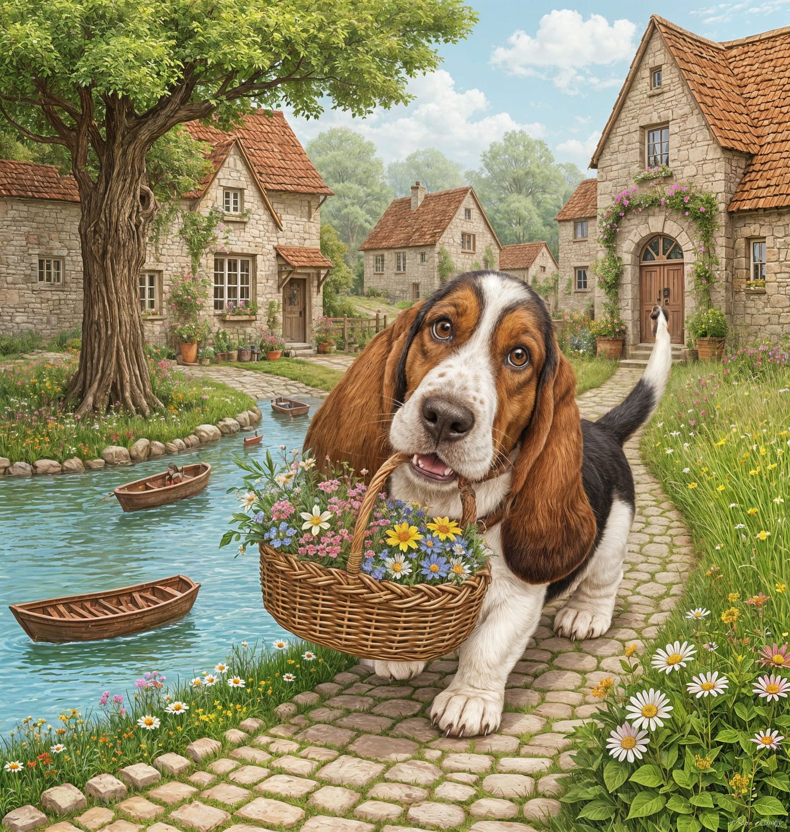 A cute little Basset Hound walking through a Cute little countryside village, holding a wicker basket ...  by @Summerchild
