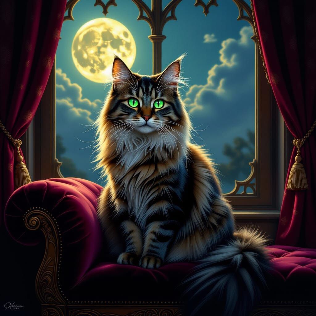 Majestic Cat on Velvet Cushion in Moonlight