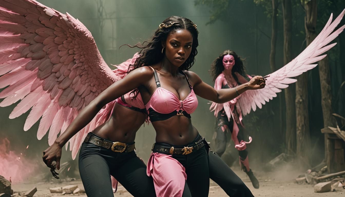 angel fighting demon ,black skin, green eyes, hourglass shape, pink bra,  black pants, big breast, Cinematic film still, shot on v-raptor XL,... - AI  Generated Artwork - NightCafe Creator