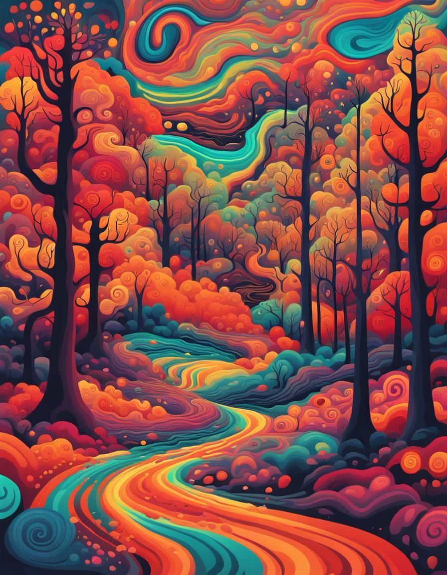 autumn forest landscape, psychedelic style, vibrant colors, ...