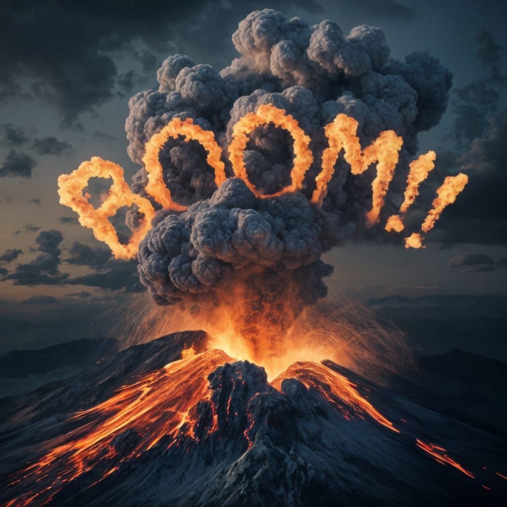 A volcano erupts violently, with lava flowing and smoke forming the word "Boom!" in the dark, moody sky, scattered with a few clouds.  by @Phantazia