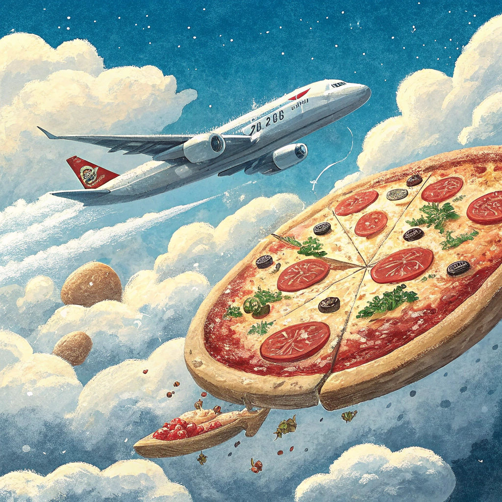 Giant Pizza Flies on Airplane in Blue Sky