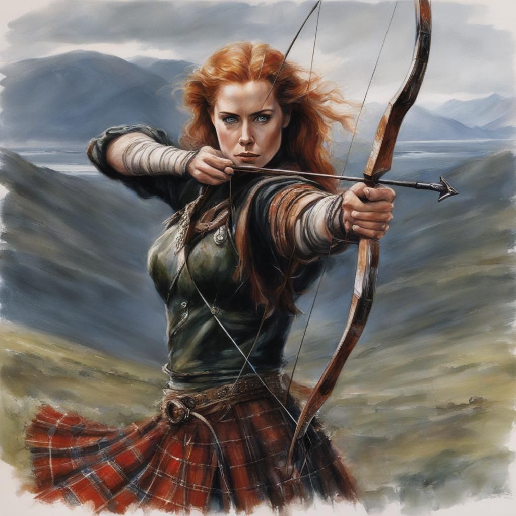 Mérida in royal tartan shooting a bow and arrow in the Scott...