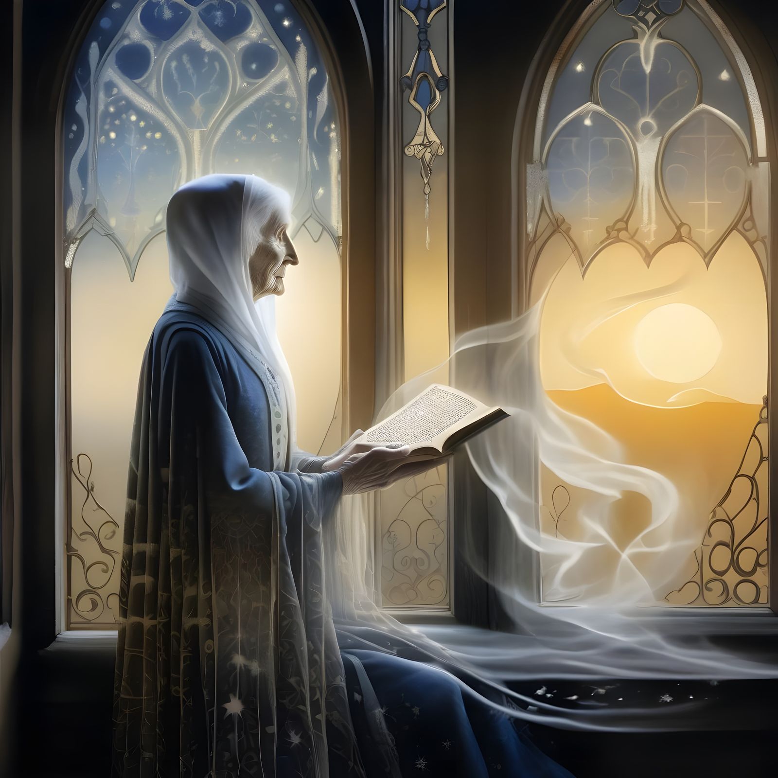 Ghostly Woman at Sunrise in Kay Nielsen Style