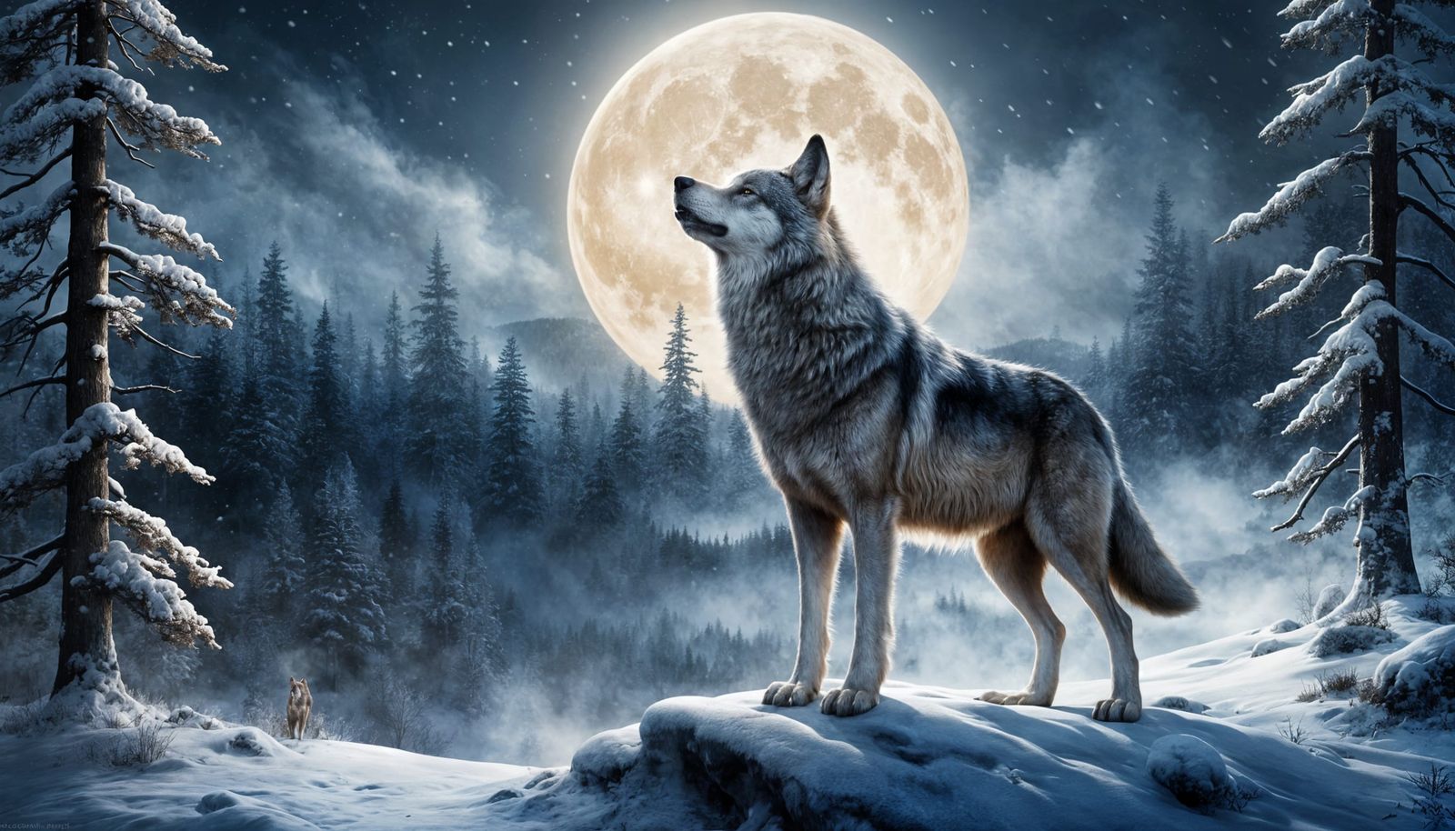 A realistic and detailed digital painting of a large, majestic wolf, standing on a snowy hill. The atmosphere ...  by @Itzla