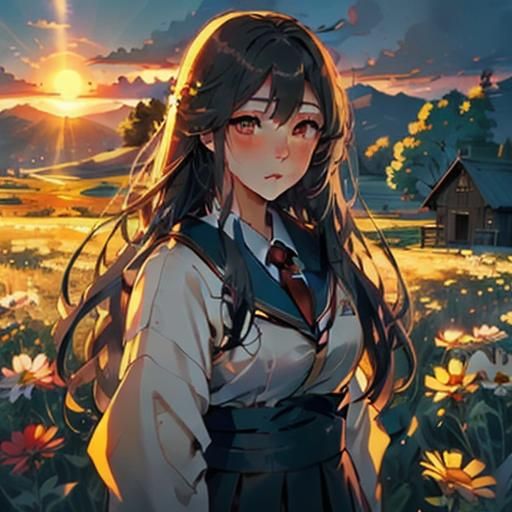 <lora:Chico Anime Style:1.0> A young girl with large, expressive eyes and flowing hair, standing in a meadow filled with colorful flowers. S...