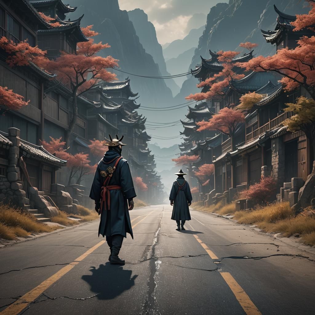 a korean man in a mask standing on a lonely road