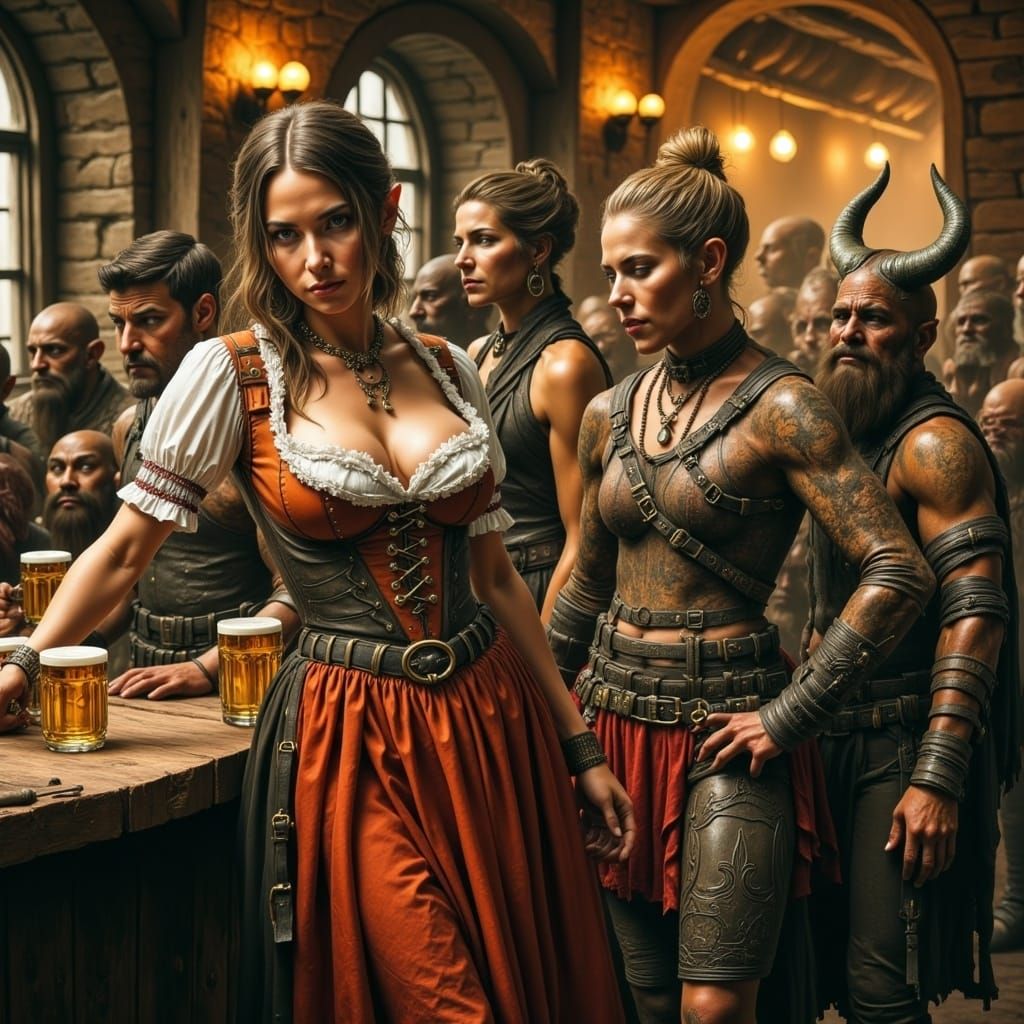 A tavern-girl serving a table of rough looking elves.