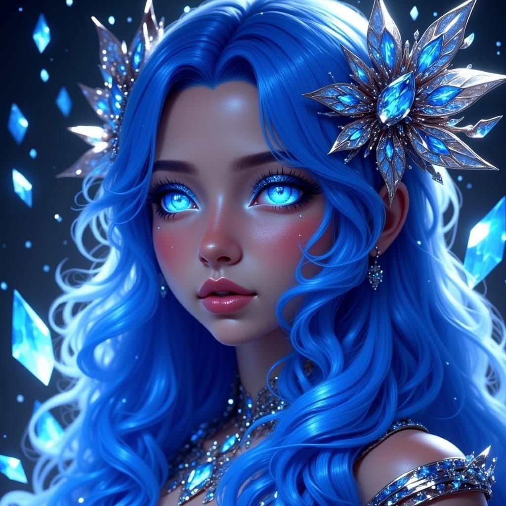 <lora:EthierUnreal Fx:1.0>, crystalline goddess, blue glowing flower eyes, long hair, detailed head and shoulders portrait, detailed intrica...
