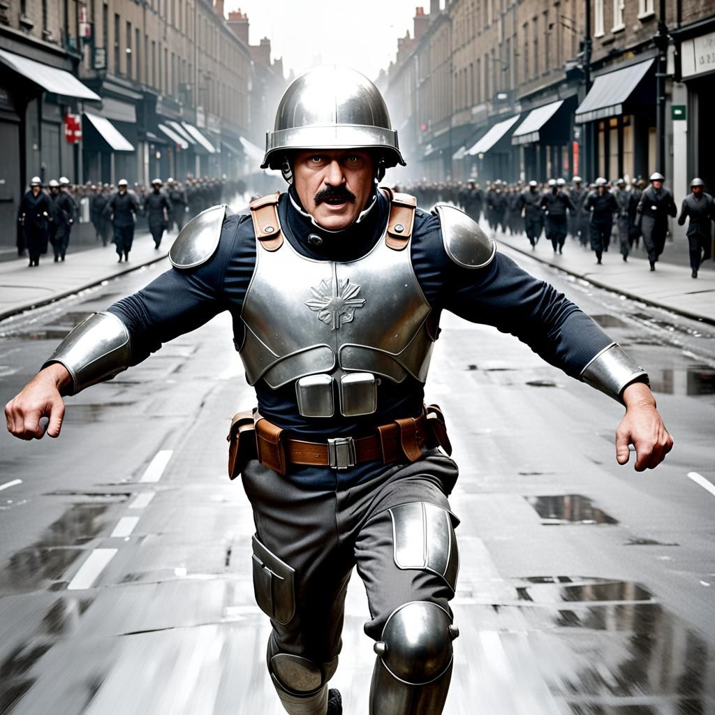 A heavy set man in a silver world War one helmet running dow...