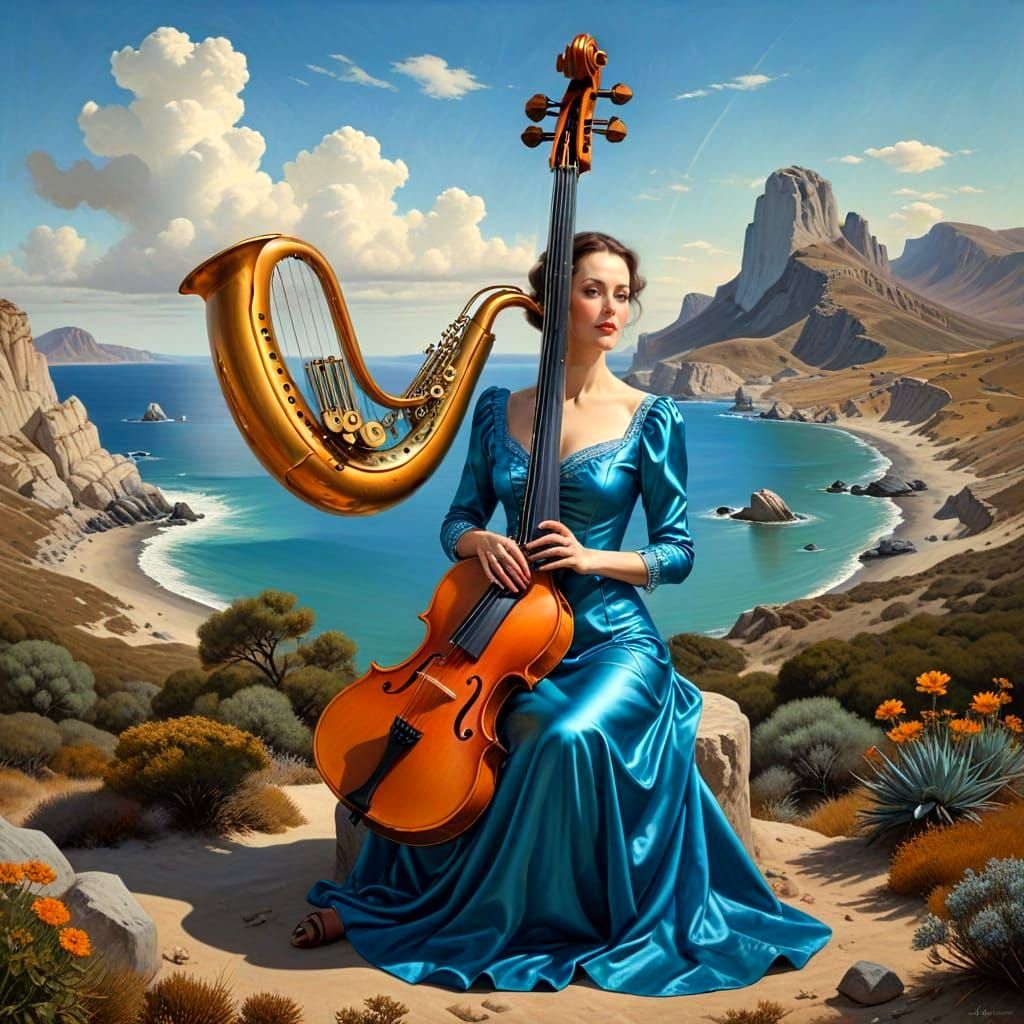 Happy Lady with Musical Instrument in Surreal Landscape