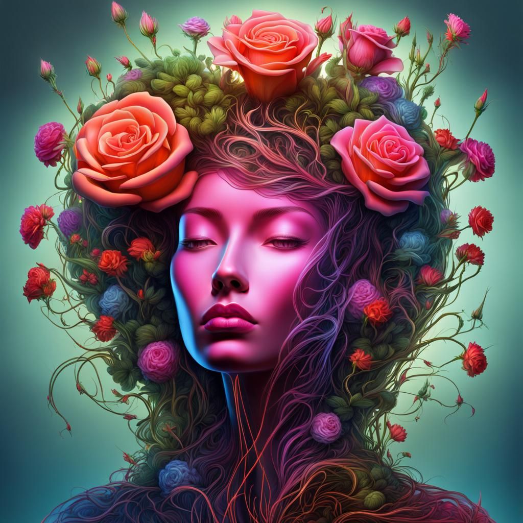 Oblong human head surrounded by flowers, over growth of roots and ...