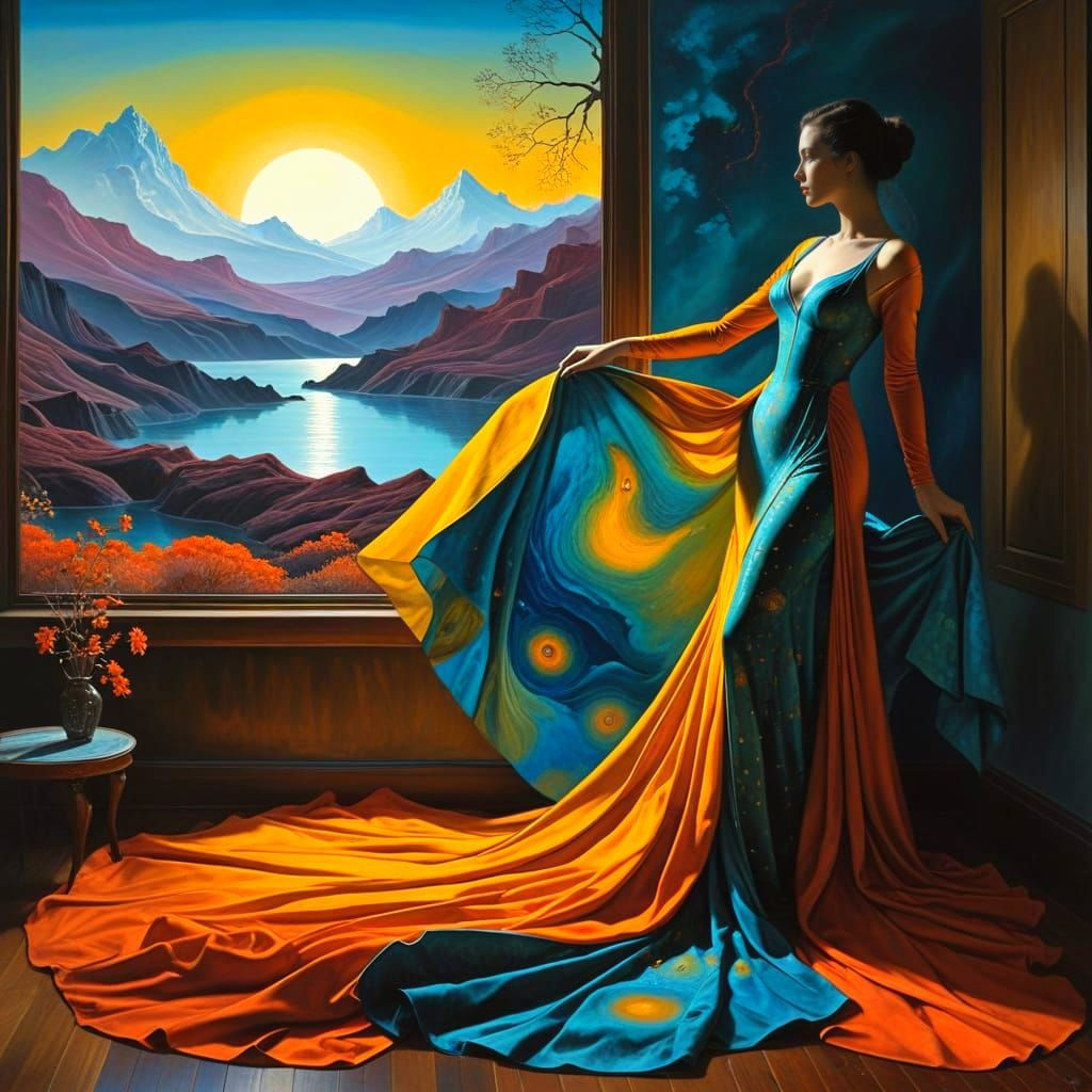 Mystical Landscape with Elegant Silhouette in Surreal Style