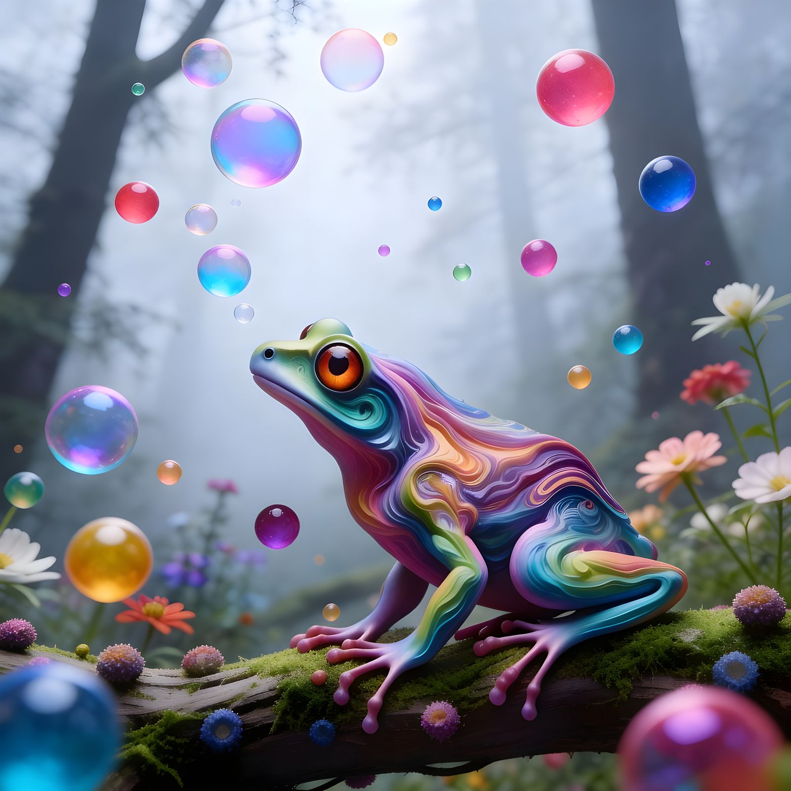 Abstract Smoke Tree Frog on Trunk in Fantasy Nature Style