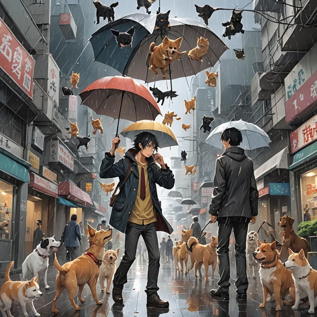 Raining cats and dogs over a man  by @Thyke