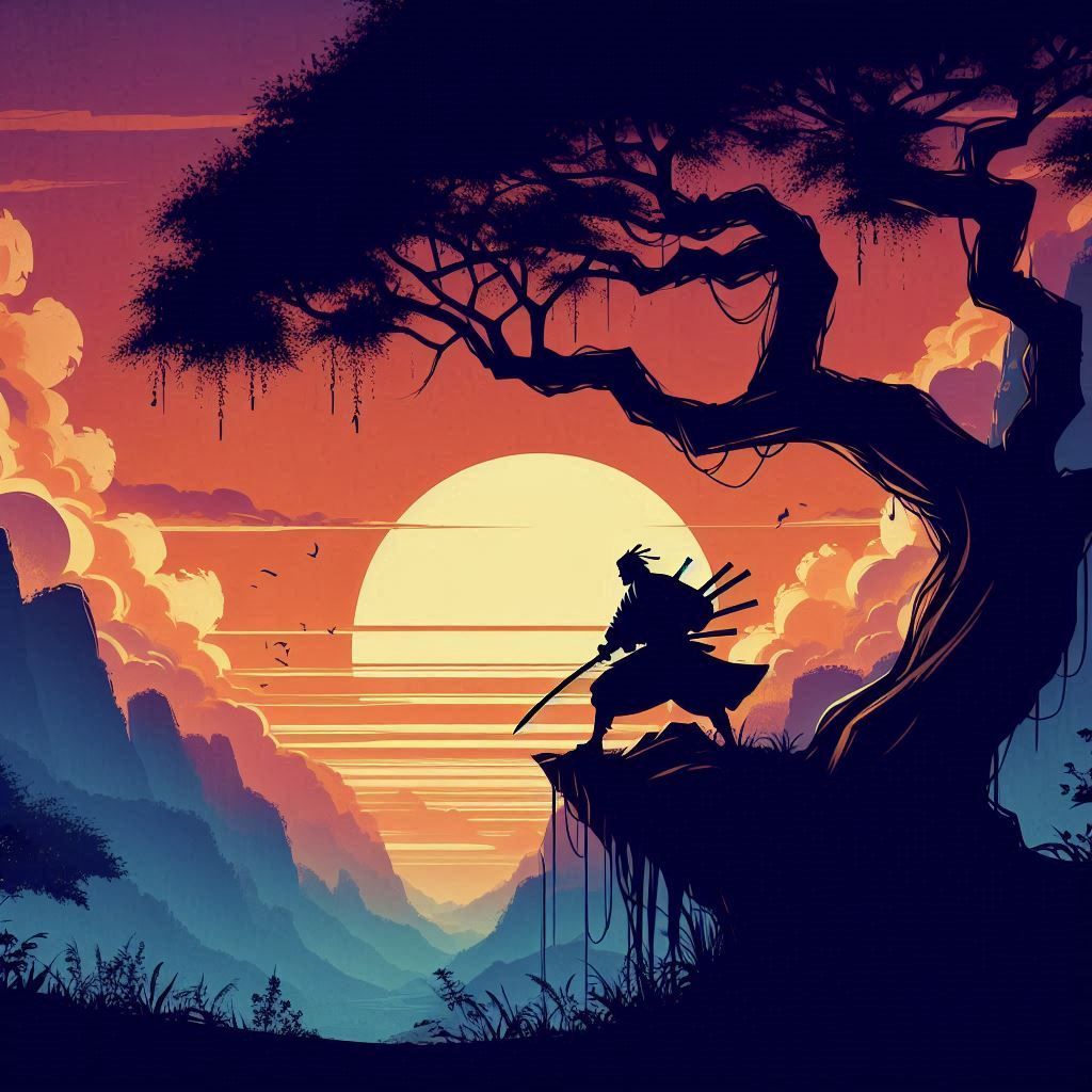 Silhouette samurai and sunset