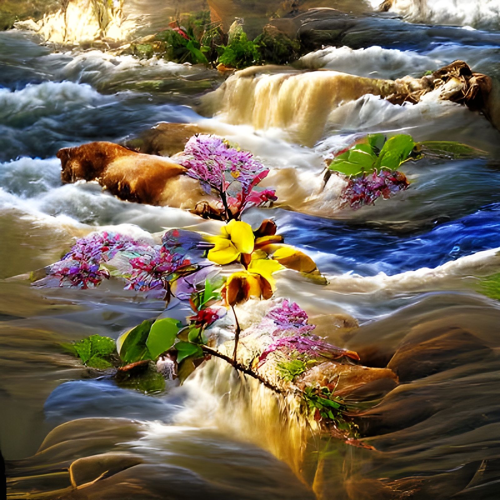 mother nature rivers sunshine flowers beautiful tapestry - AI Generated