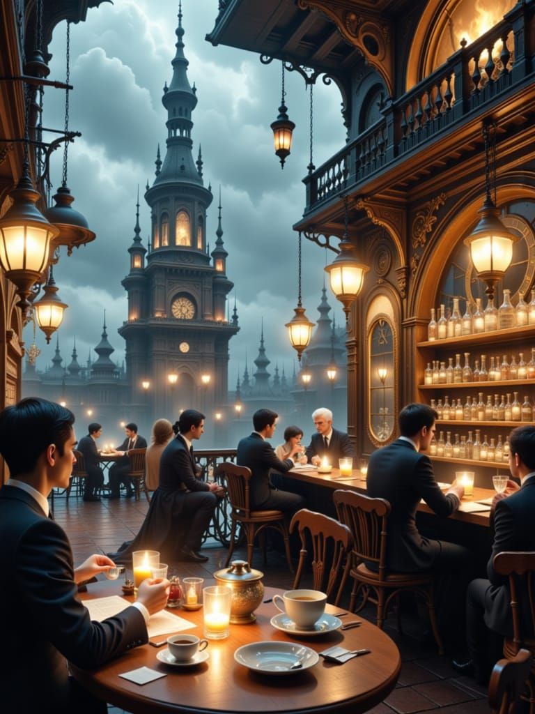 A steampunk-inspired café perched on the edge of a clockwork city, where gears and steam intertwine with the aroma of coffee. Patrons are el...