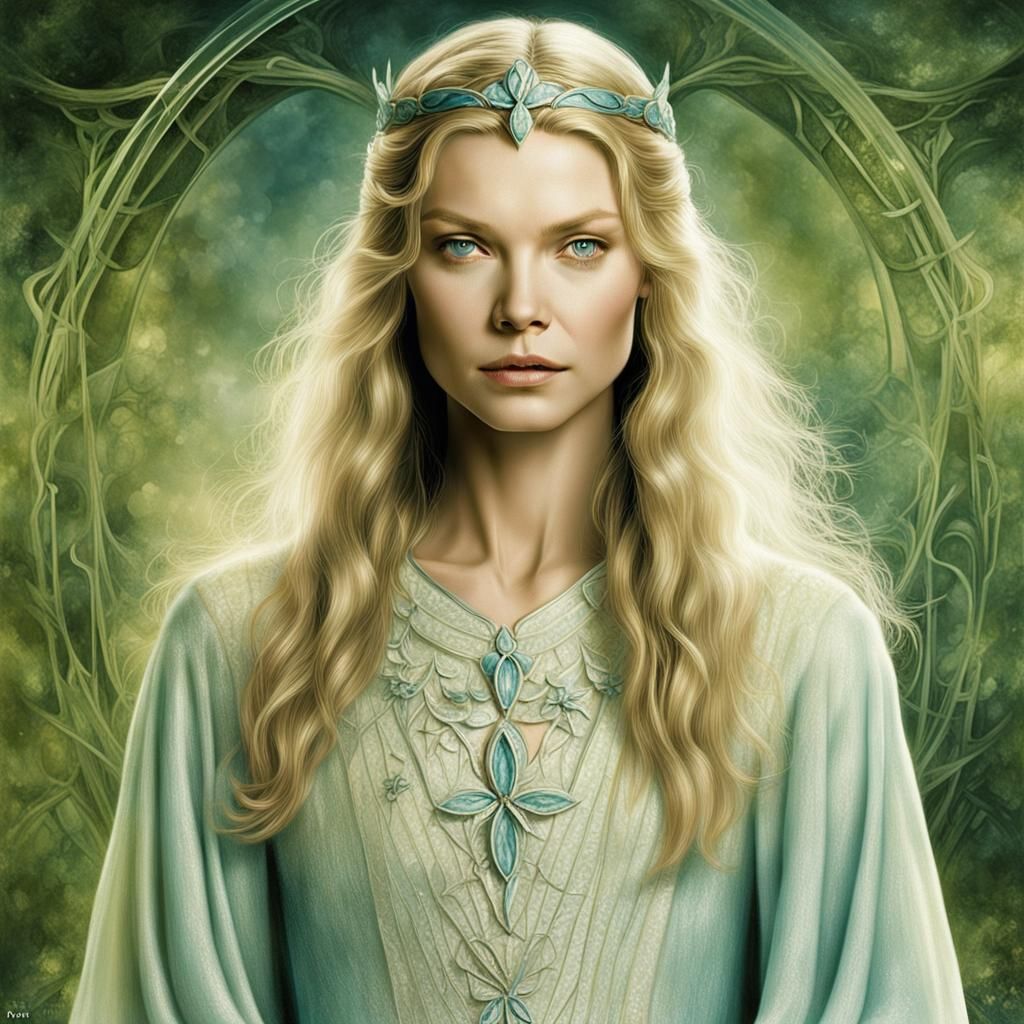 Michelle Pfeiffer como una joven Galadriel de cuerpo entero ...