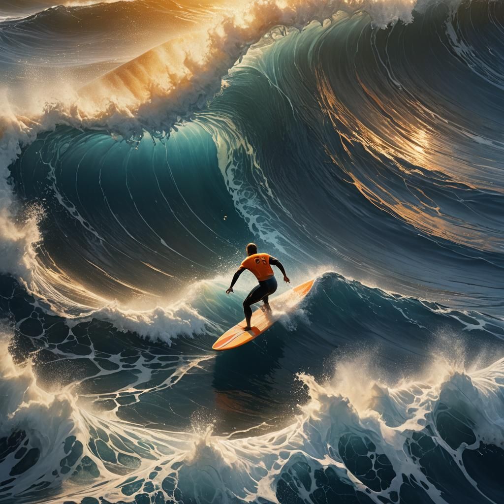 Surfer Rides Massive Wave in Golden Light