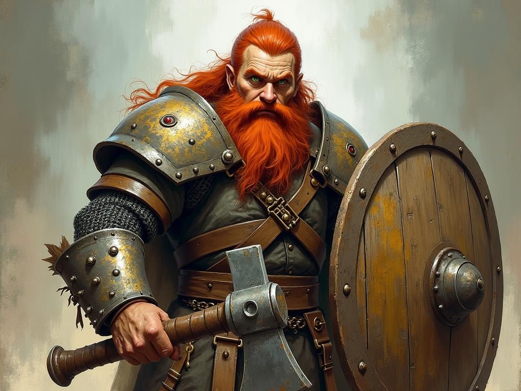 Male Dwarf, Chainmail, Axe, Shield, Red Hair, Green Eyes