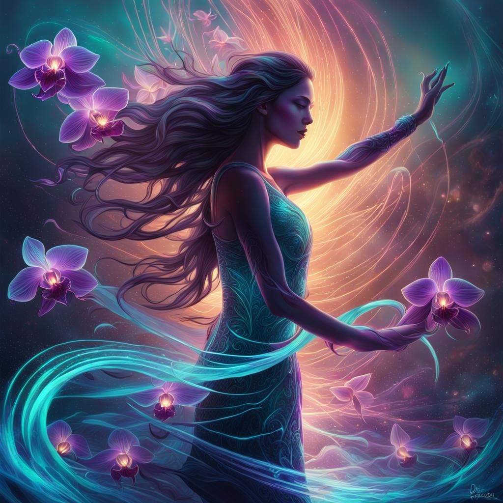 woman that is standing in the ocean digital art,  glowing ne...
