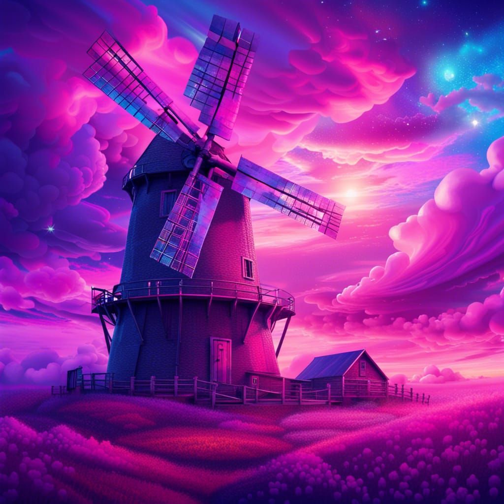 Windmill in clouds on farm with purple pink and blue sunset   by @sophie