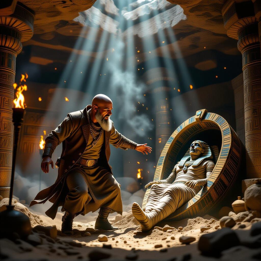 A grizzled, bald archeologist with a neatly trimmed goatee, stumbles into an Egyptian tomb filled with ...  by @undefined