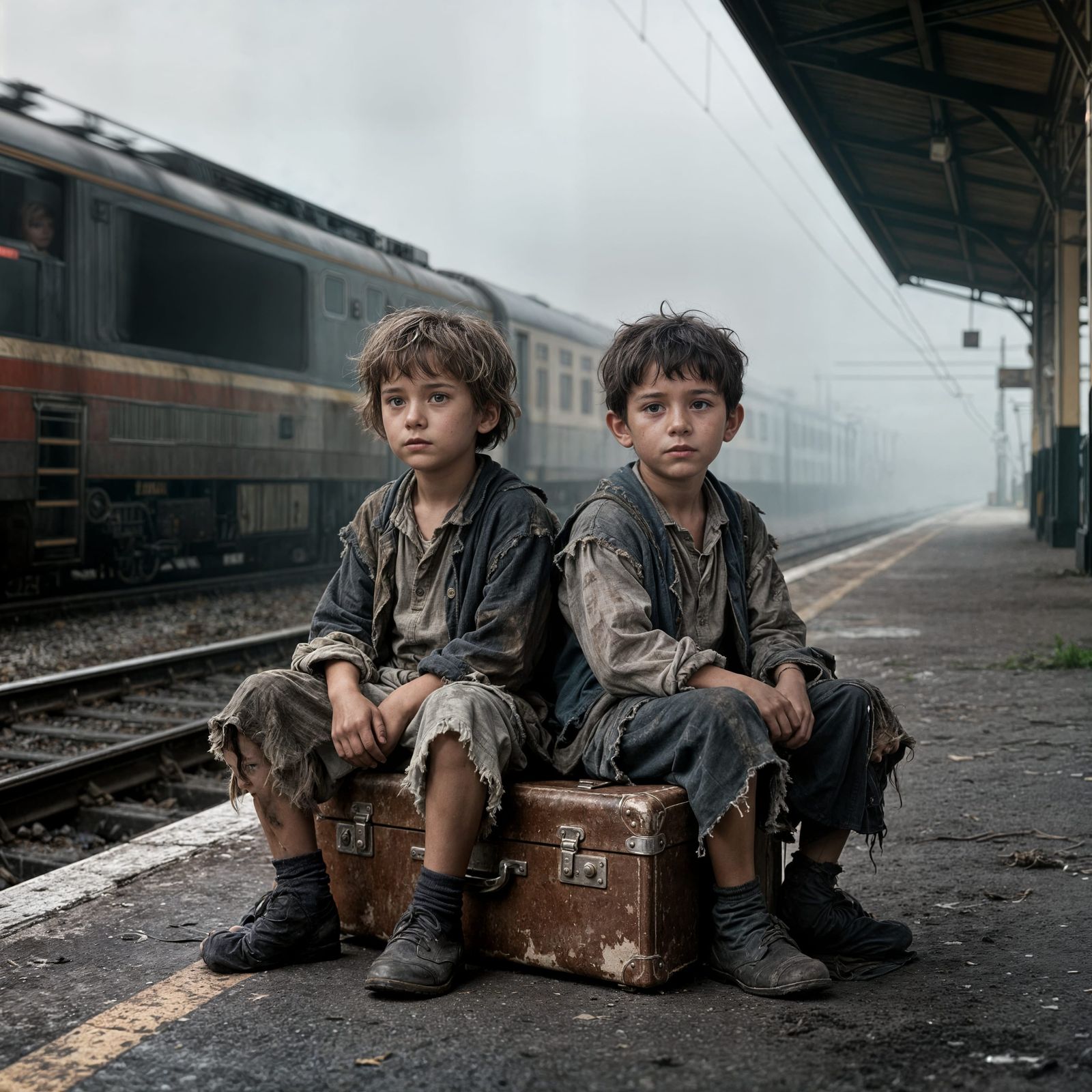 Children at Train Station in Cinematic Film Still