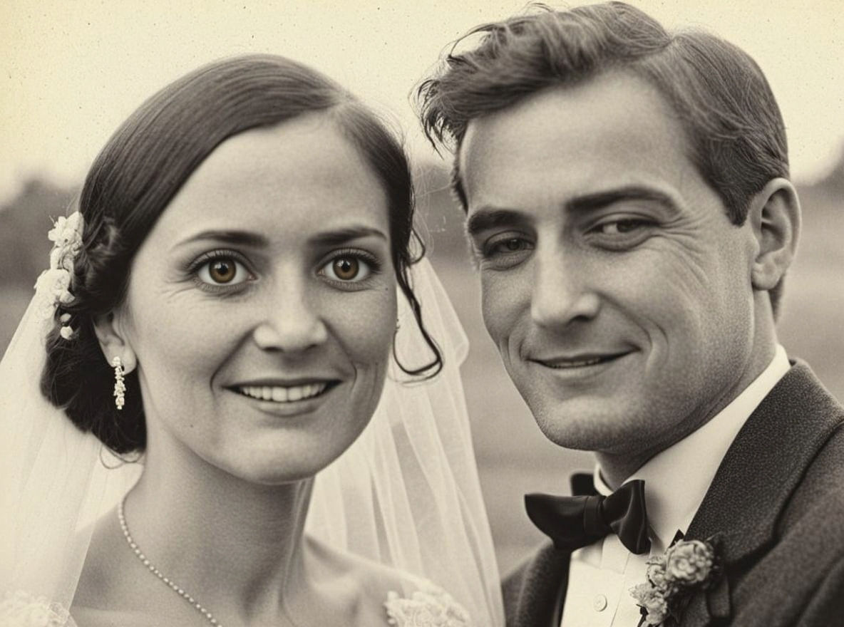 Old style black and white grainy film photo of a couple on their wedding day  by @VictoriouslyOther