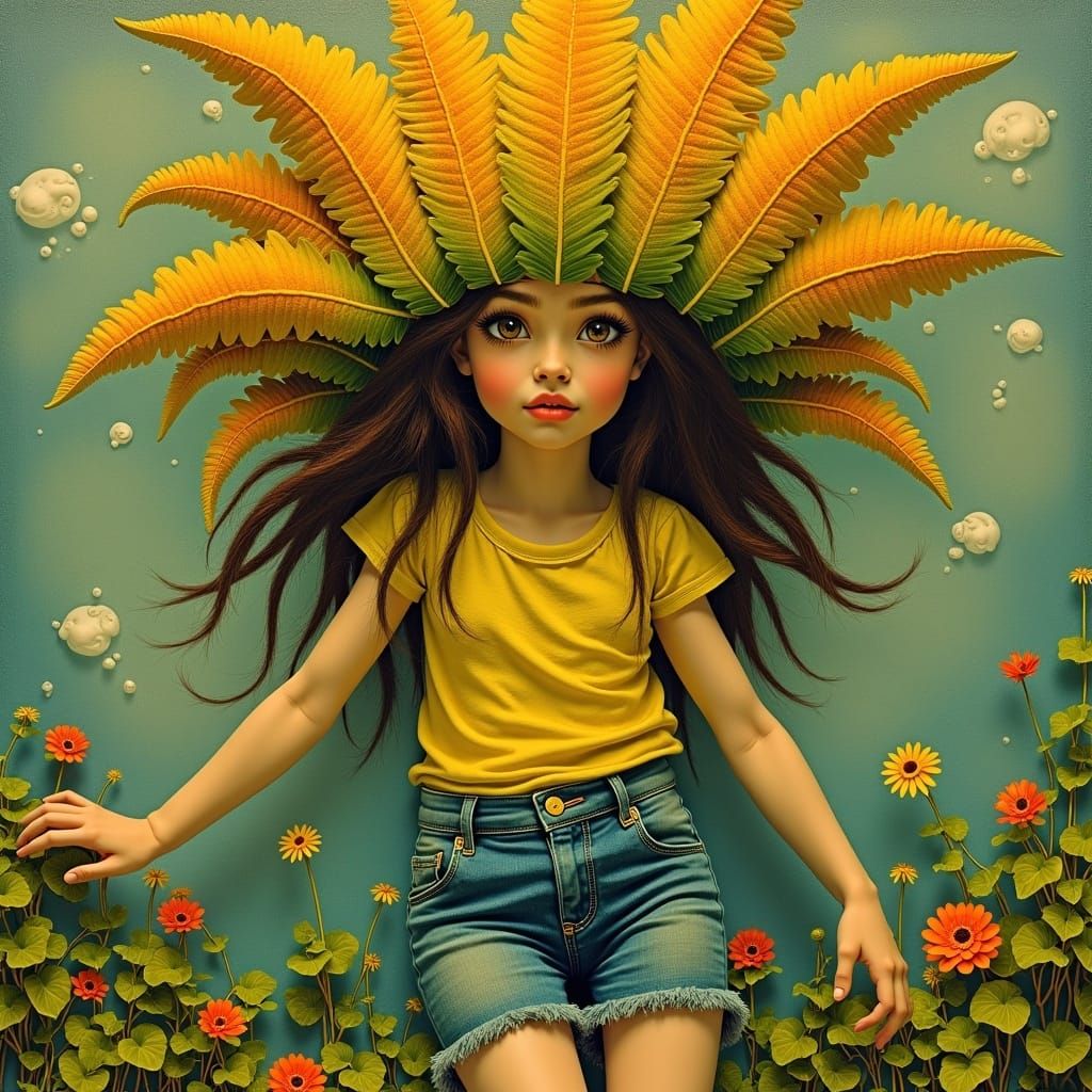surrealistic fantastic by Thomas Kinkade, Alberto Seveso and salvadore dali :: a girl coated by phantastic yellow, orange and green leafs an...