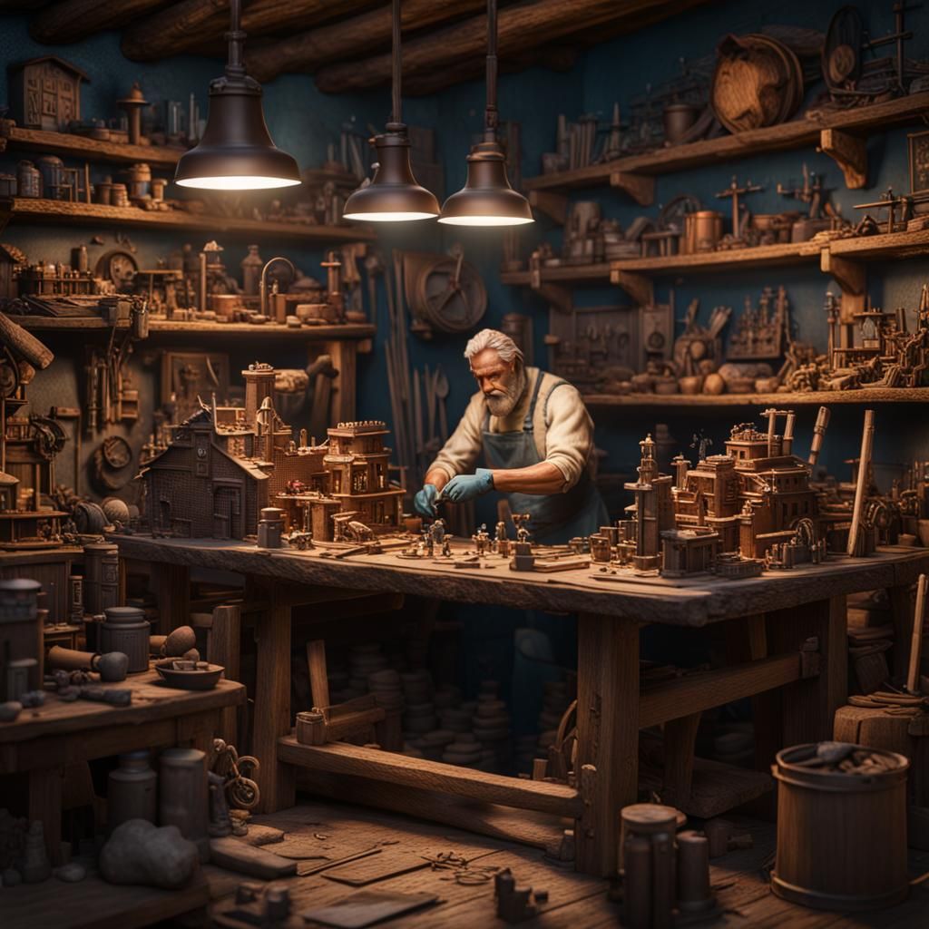 man at a workbench working on a diorama