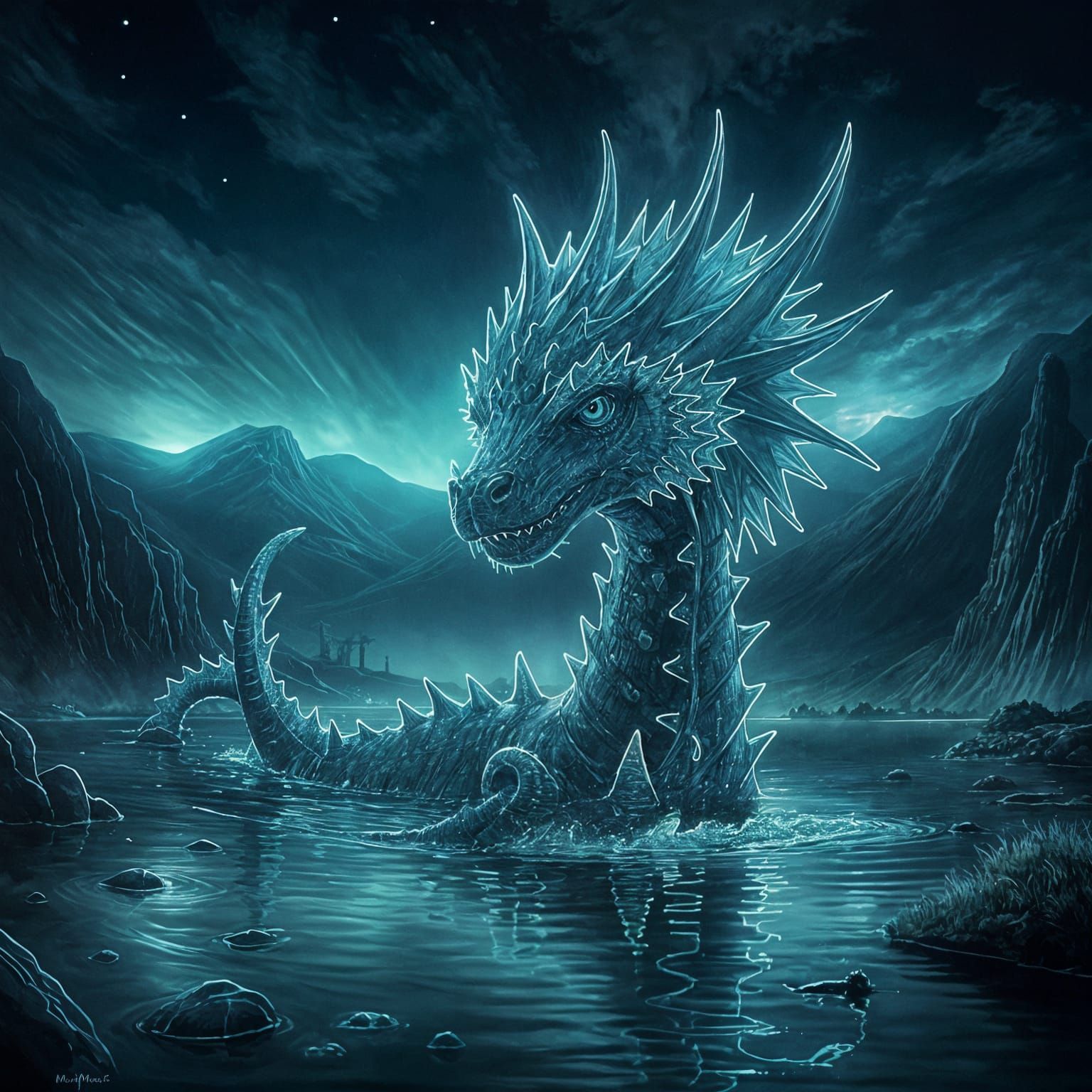 Neon Loch Ness Monster Watercolor Caricature