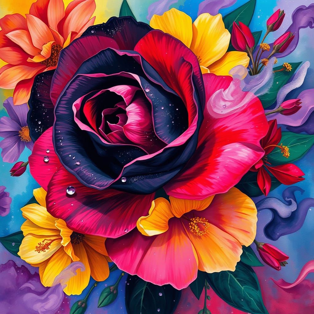 Vibrant Surrealist Dreamscape with Oversized Rose-Like Flowe...