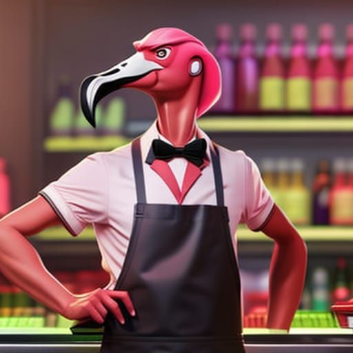 Anthropomorphic Flamingo as a supermarket cashier wearing an...