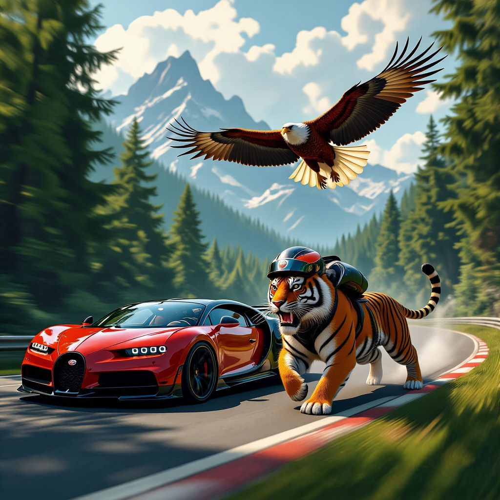 A tiger runs fast next to a red Bugatti car that is also traveling at great speed and above it is an eagle that is also flying fast against ...
