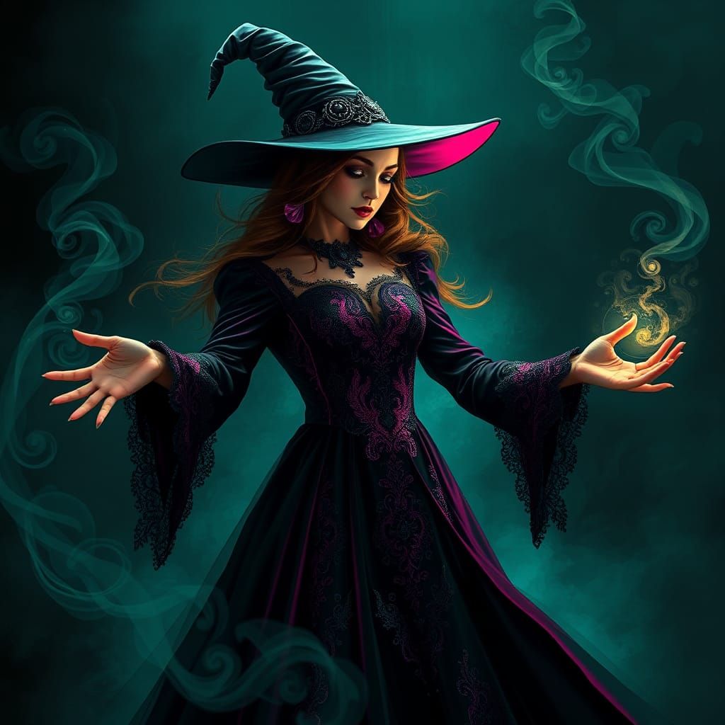 beautiful dieselpunk witch Casting a magic spell, dynamic li...