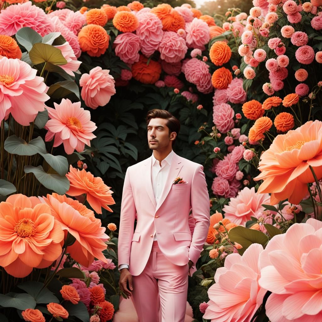 Surrounded by a garden of oversized flowers.