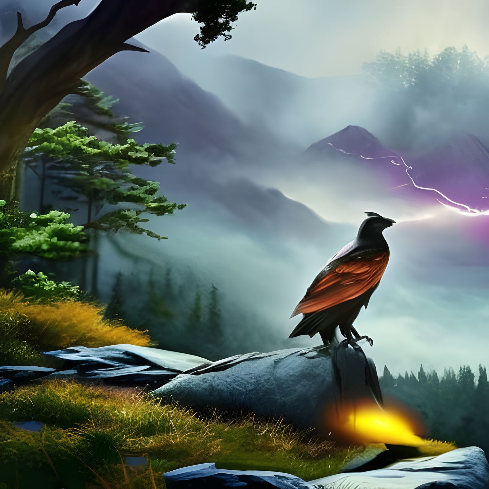 crow sitting on a rock looking at Lightning stricking, the t...