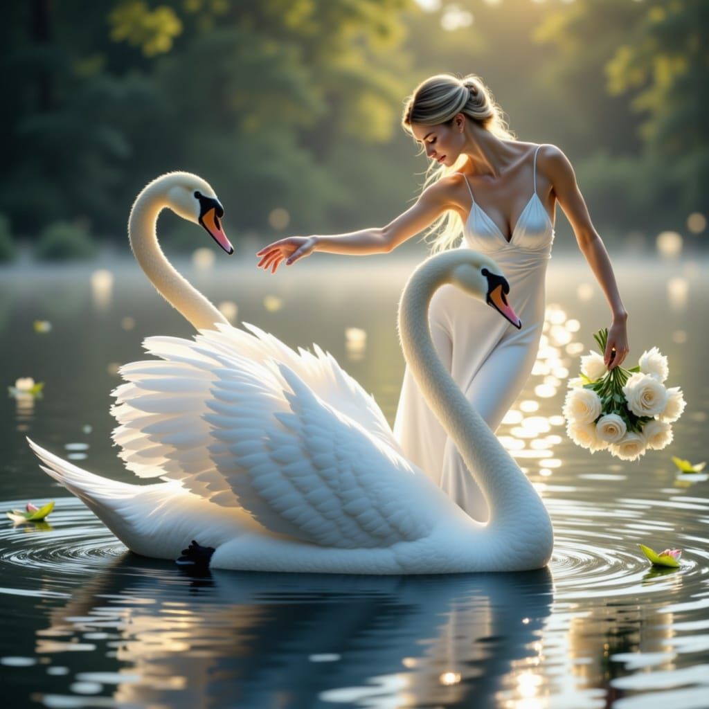 White swan near the border of a lake aproaching to a maidne on silk white that caress him with some white rose. <lora:The Swan of Red:1.0>