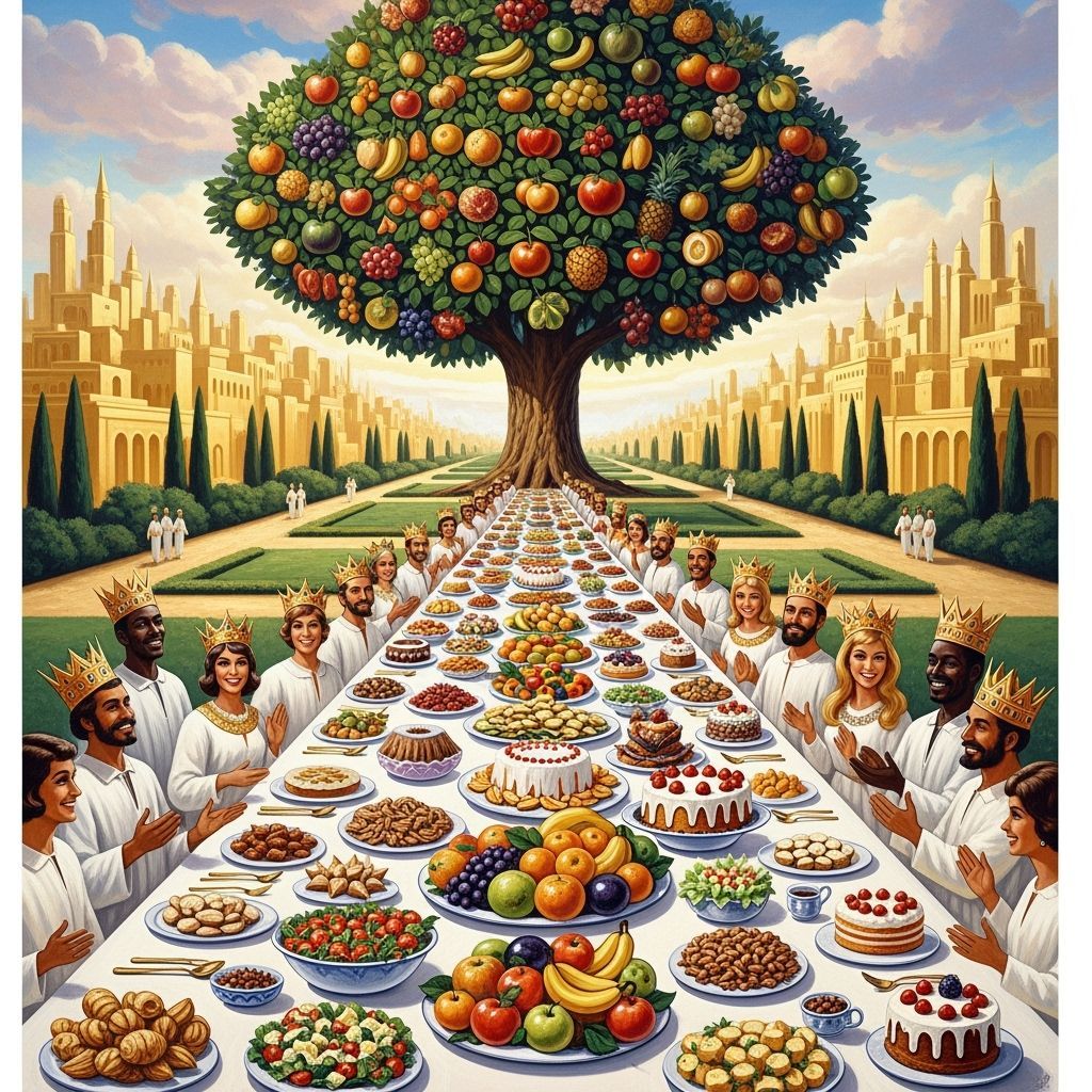 heavenly city with gold streets and a endless white table down the centre of the park in the middle of ...  by @Swell_Shell