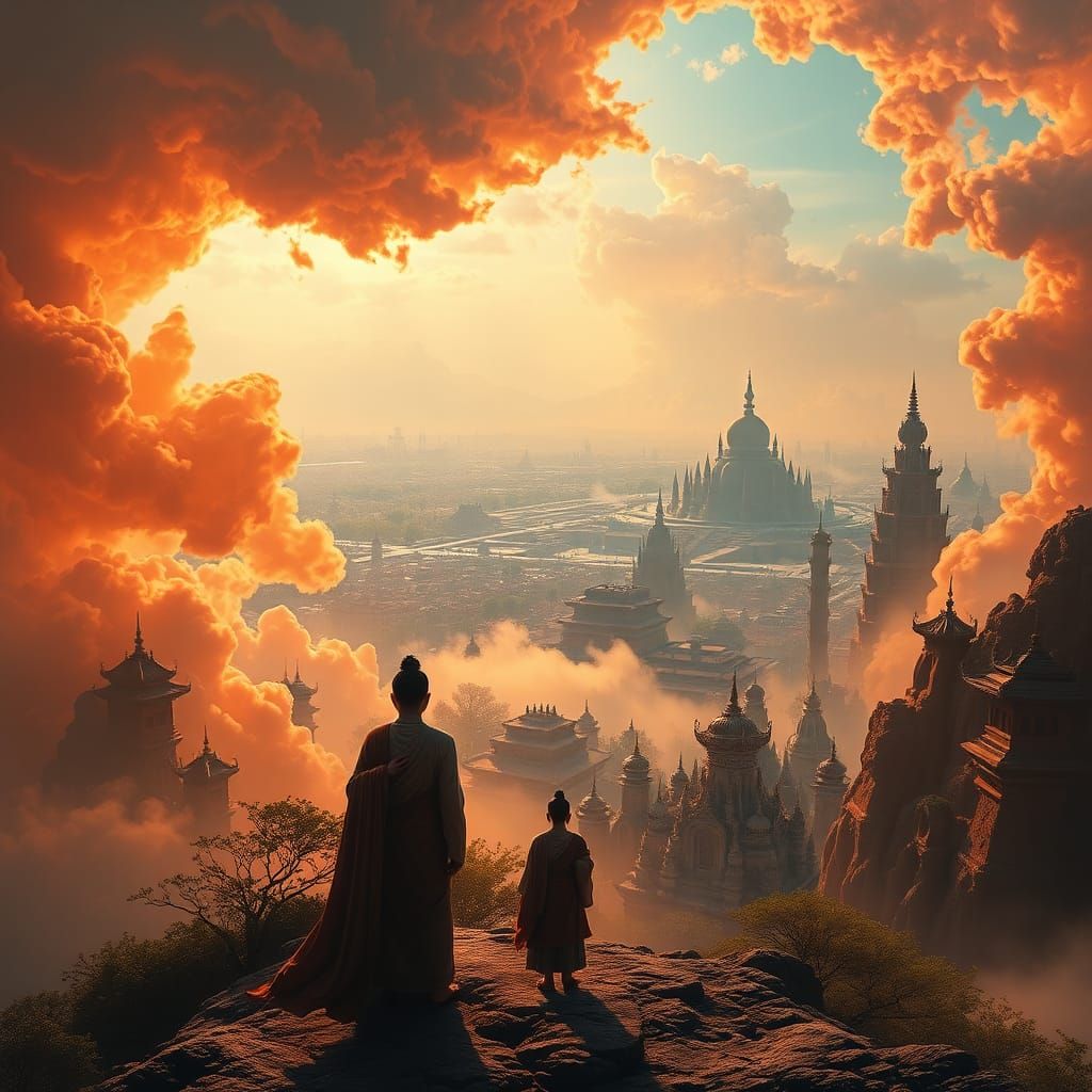 Mystical Buddhist Landscape in Art Nouveau Style