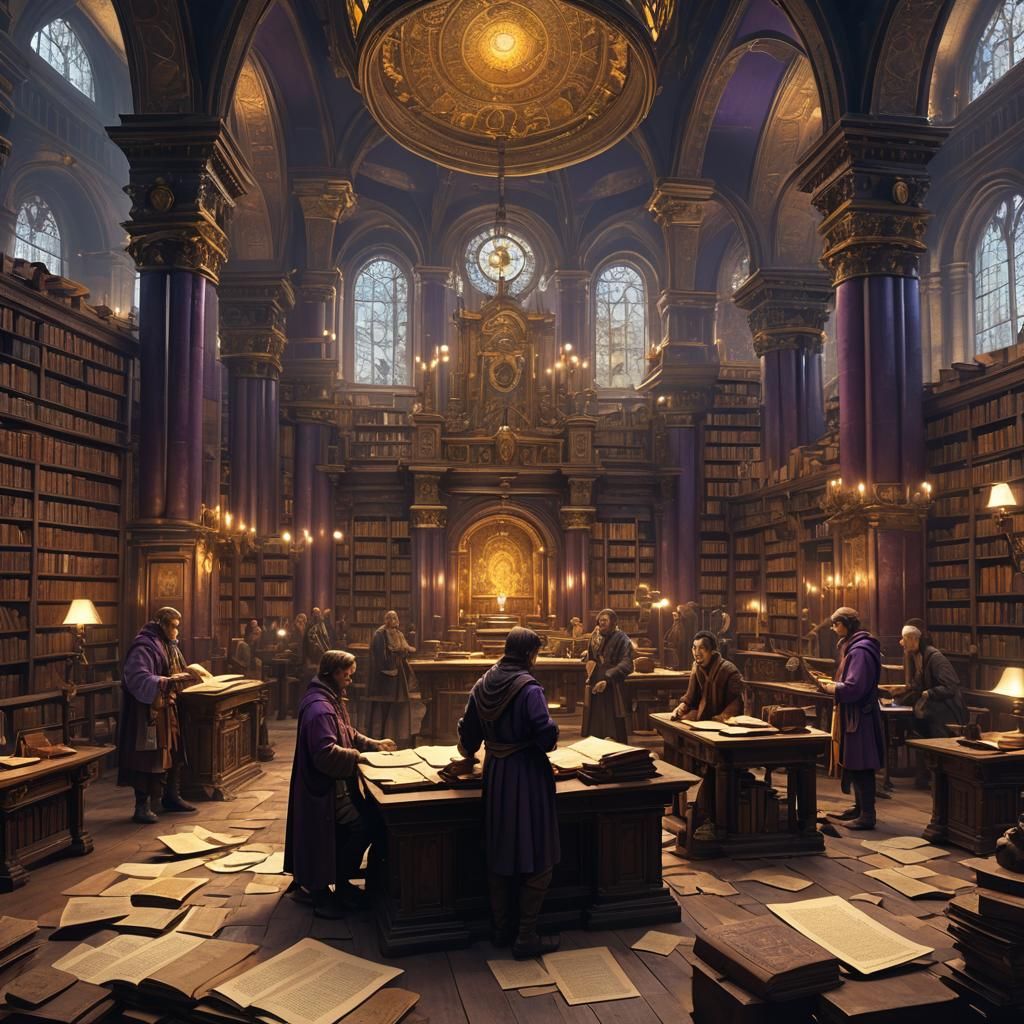 Scholars surrounded by antique scrolls, clay tablets, and artifacts in historic libraries. a masterpiece, ...  by @KRoseCarol