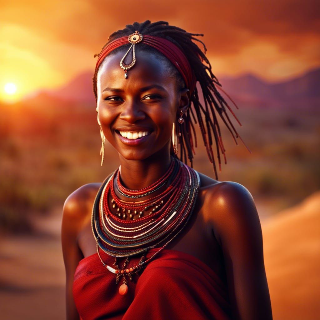 Alluring Maasai Princess,young Woman, Beautiful Smile, Realistic Dark 